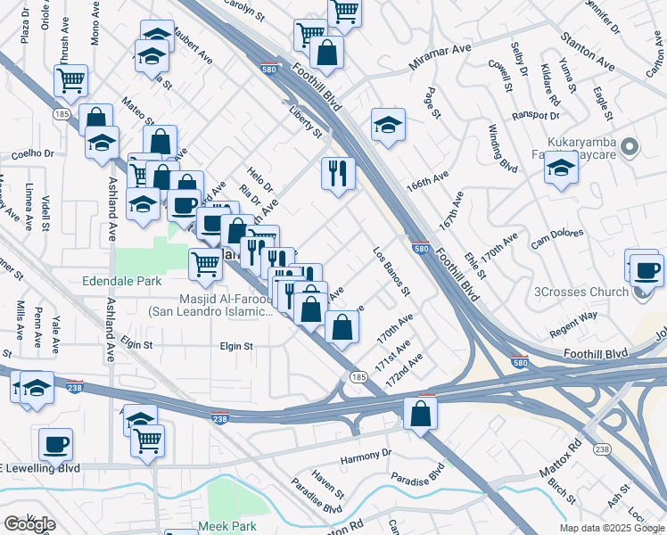 map of restaurants, bars, coffee shops, grocery stores, and more near 1516 166th Avenue in San Leandro