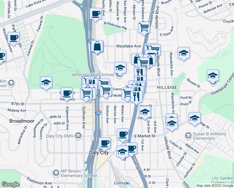 map of restaurants, bars, coffee shops, grocery stores, and more near 158 West Moltke Street in Daly City