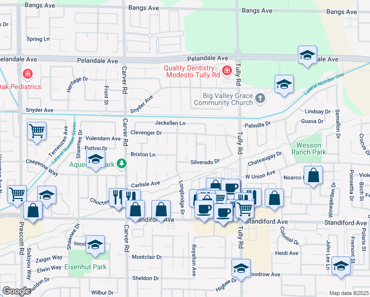map of restaurants, bars, coffee shops, grocery stores, and more near 3801 Anna Lee Court in Modesto