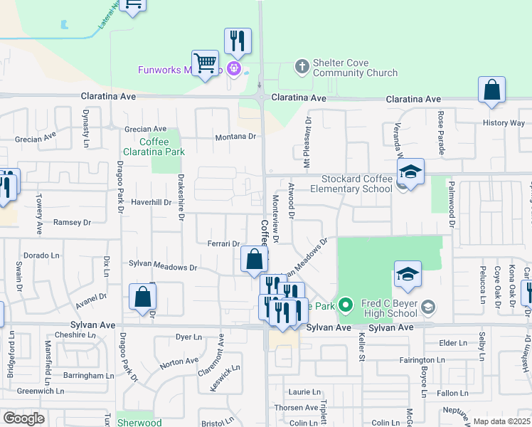 map of restaurants, bars, coffee shops, grocery stores, and more near 3931 Coffee Road in Modesto