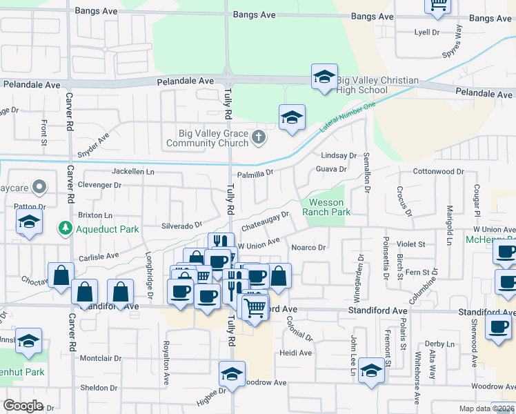 map of restaurants, bars, coffee shops, grocery stores, and more near 3828 Tahiti Lane in Modesto