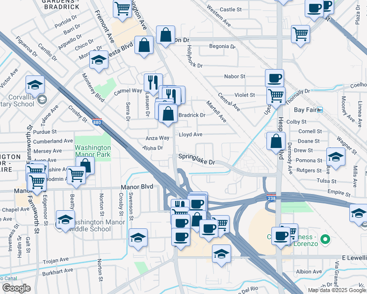 map of restaurants, bars, coffee shops, grocery stores, and more near 14860 Washington Avenue in San Leandro