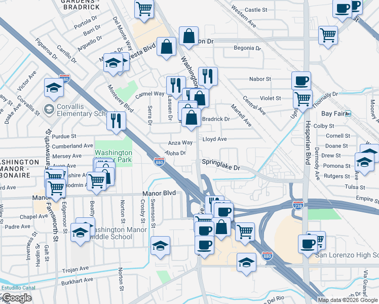 map of restaurants, bars, coffee shops, grocery stores, and more near 379 Anza Way in San Leandro