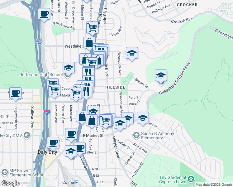 map of restaurants, bars, coffee shops, grocery stores, and more near 98 Parma Street in Daly City