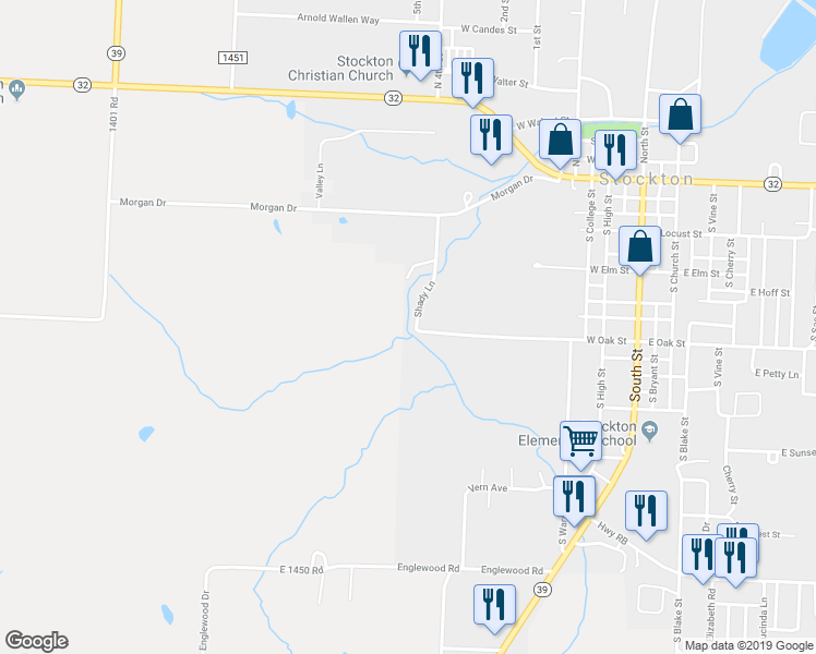 map of restaurants, bars, coffee shops, grocery stores, and more near Shady Lane in Stockton
