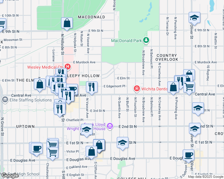 map of restaurants, bars, coffee shops, grocery stores, and more near 540 N Roosevelt Ave in Wichita