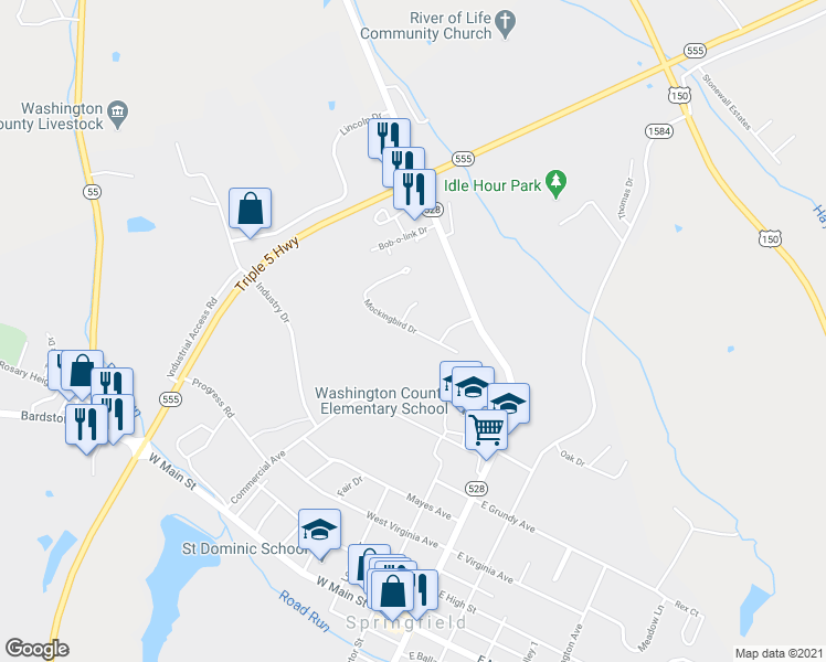 map of restaurants, bars, coffee shops, grocery stores, and more near 204 Mockingbird Drive in Springfield