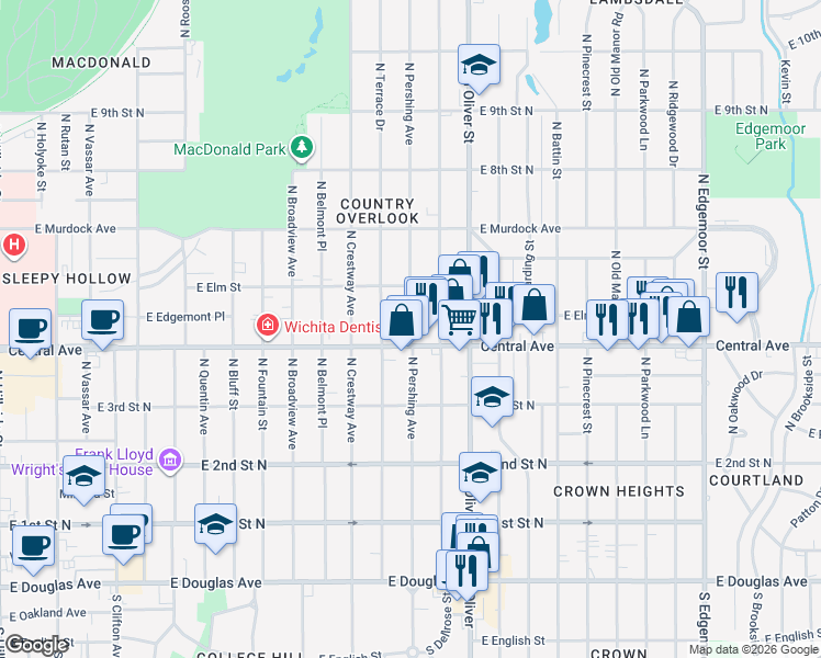 map of restaurants, bars, coffee shops, grocery stores, and more near 528 North Pershing in Wichita