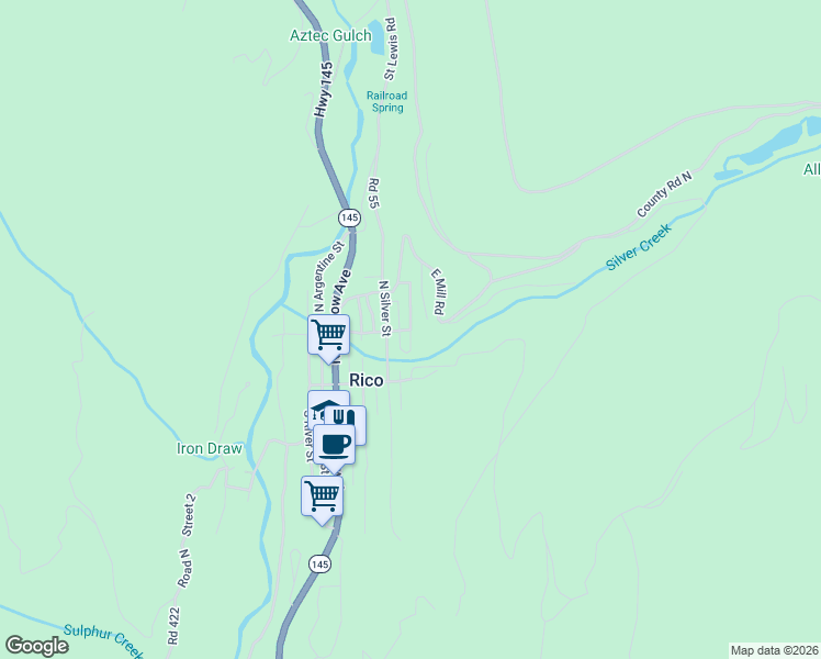 map of restaurants, bars, coffee shops, grocery stores, and more near 199 N Garfield St in Rico