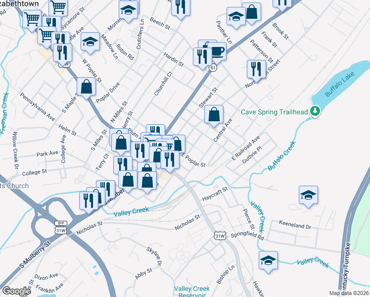map of restaurants, bars, coffee shops, grocery stores, and more near 210 N Main in Elizabethtown