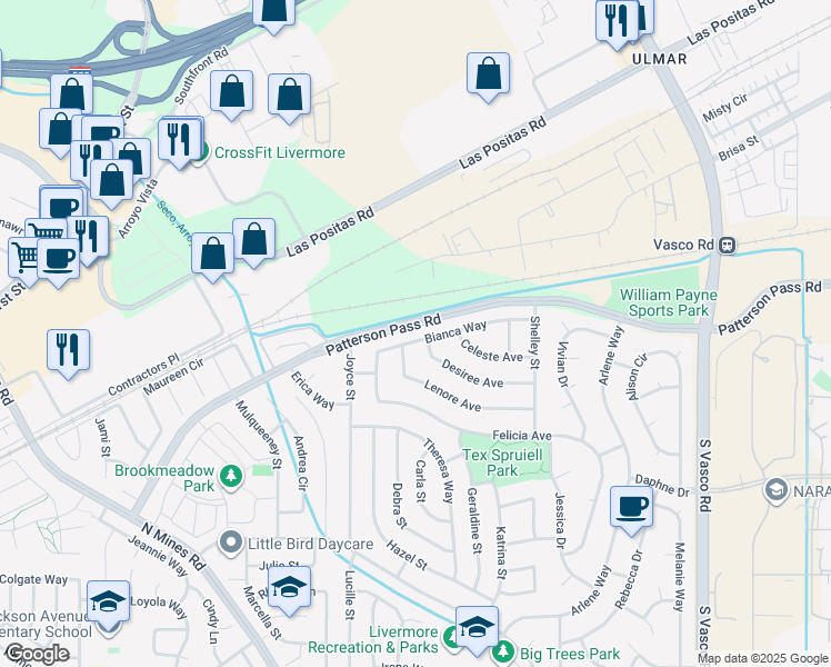 map of restaurants, bars, coffee shops, grocery stores, and more near 5186 Bianca Way in Livermore