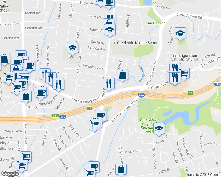 map of restaurants, bars, coffee shops, grocery stores, and more near 4119 Ravenwood Place in Castro Valley