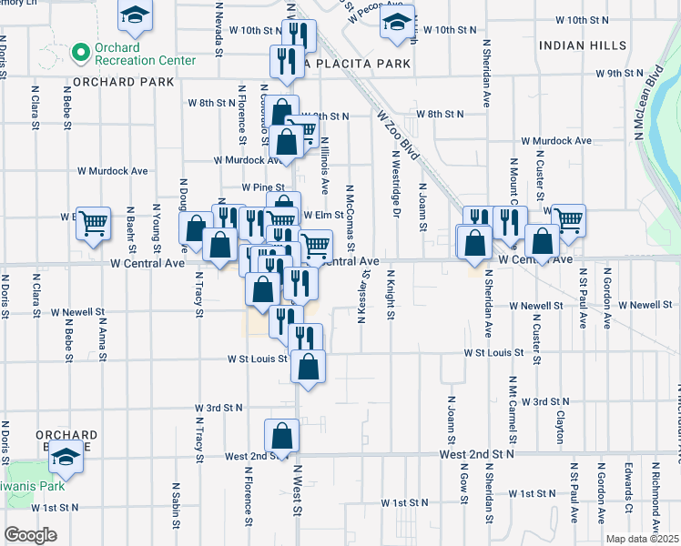map of restaurants, bars, coffee shops, grocery stores, and more near 3800-3900 West Central Avenue in Wichita