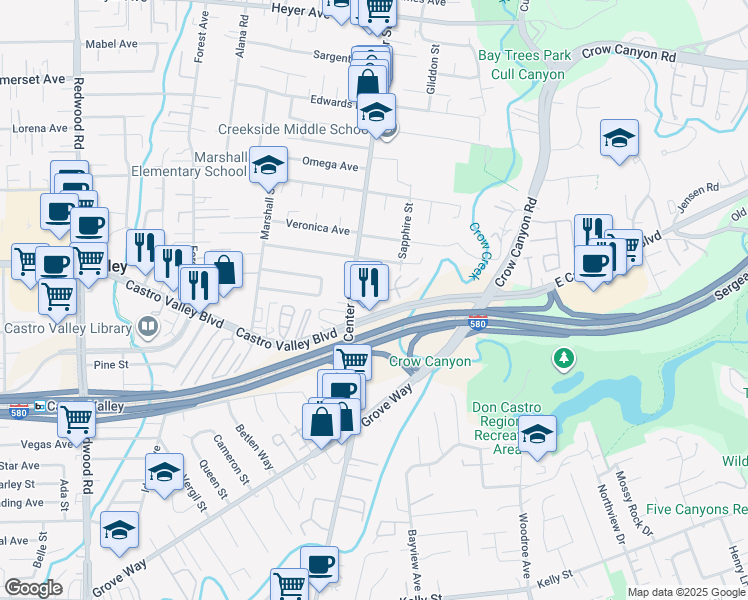 map of restaurants, bars, coffee shops, grocery stores, and more near 4119 Ravenwood Place in Castro Valley