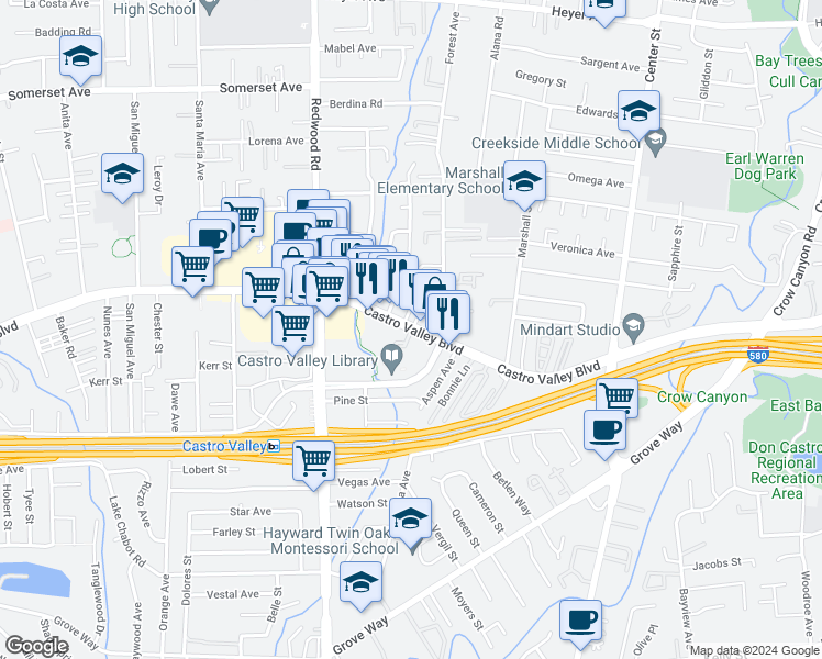 map of restaurants, bars, coffee shops, grocery stores, and more near Castro Valley Boulevard & Cato Court in Castro Valley