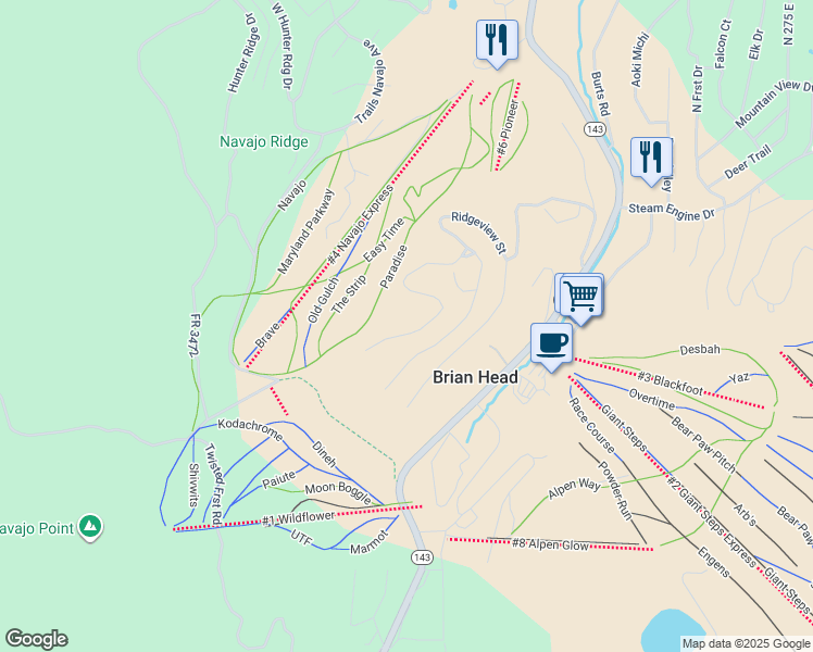 map of restaurants, bars, coffee shops, grocery stores, and more near 382 Ridgeview Street in Brian Head