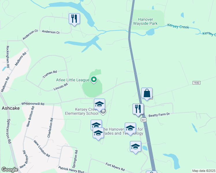 map of restaurants, bars, coffee shops, grocery stores, and more near 8266 Whippoorwill Road in Mechanicsville
