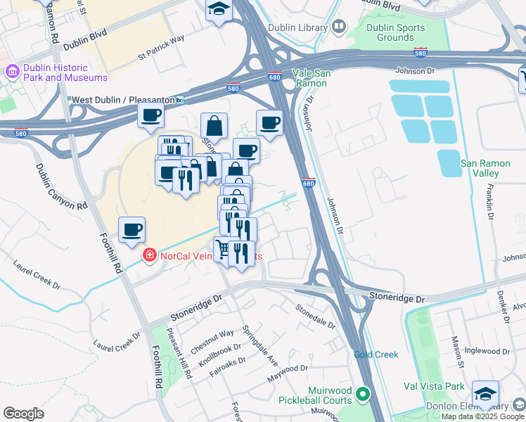 map of restaurants, bars, coffee shops, grocery stores, and more near 6260 Workday Way in Pleasanton