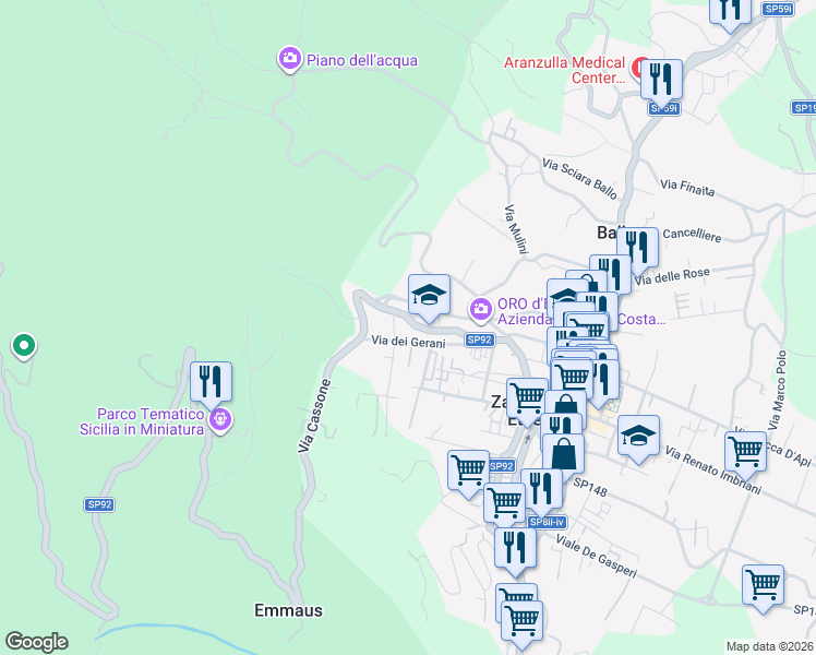 map of restaurants, bars, coffee shops, grocery stores, and more near 62A Via Cassone in Zafferana Etnea