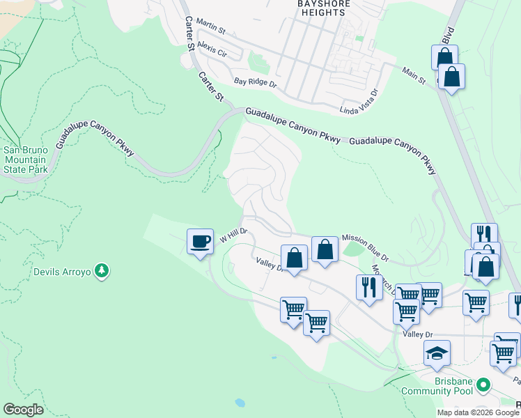 map of restaurants, bars, coffee shops, grocery stores, and more near 513 Callippe Court in Brisbane