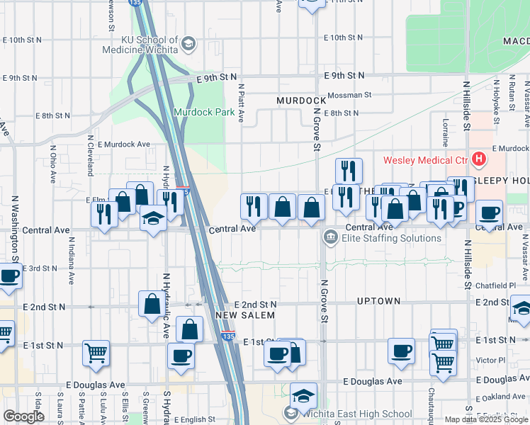 map of restaurants, bars, coffee shops, grocery stores, and more near 545 North Madison Avenue in Wichita