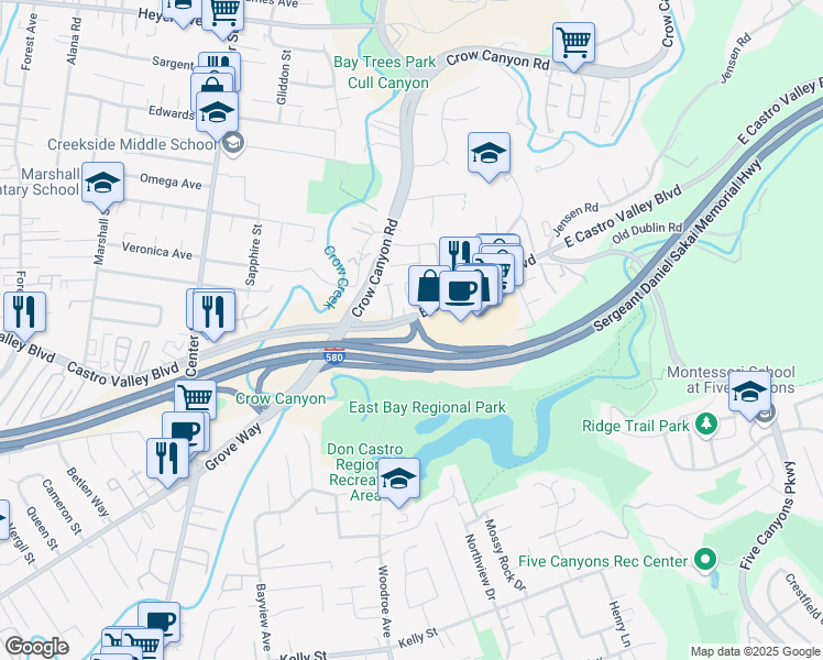 map of restaurants, bars, coffee shops, grocery stores, and more near 3767 Castro Valley Boulevard in Castro Valley
