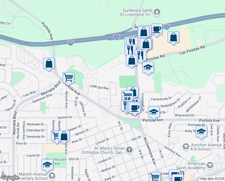 map of restaurants, bars, coffee shops, grocery stores, and more near 1494 Portola Meadows Road in Livermore