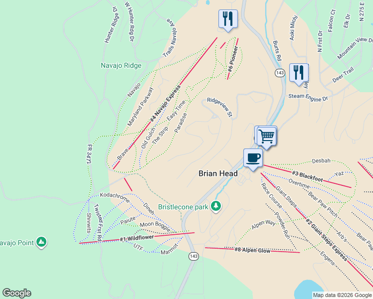 map of restaurants, bars, coffee shops, grocery stores, and more near 324 Ridgeview Street in Brian Head