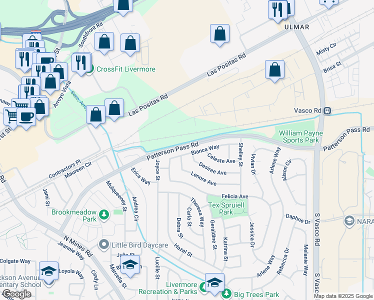 map of restaurants, bars, coffee shops, grocery stores, and more near 5186 Bianca Way in Livermore