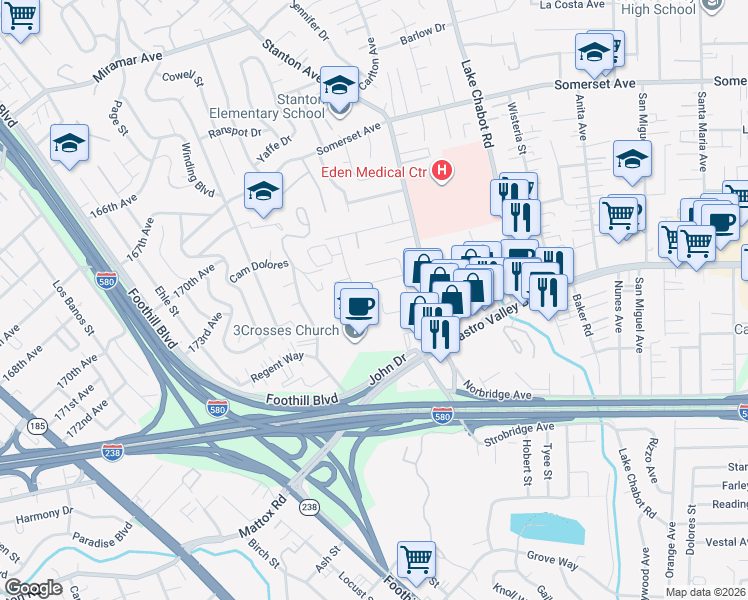 map of restaurants, bars, coffee shops, grocery stores, and more near 2409 San Carlos Avenue in Castro Valley