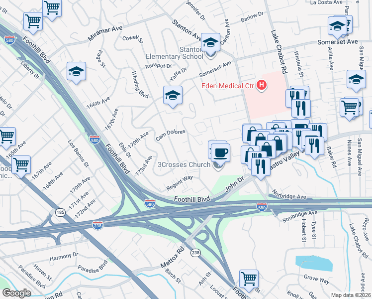 map of restaurants, bars, coffee shops, grocery stores, and more near 2326 Bramble Court in Castro Valley