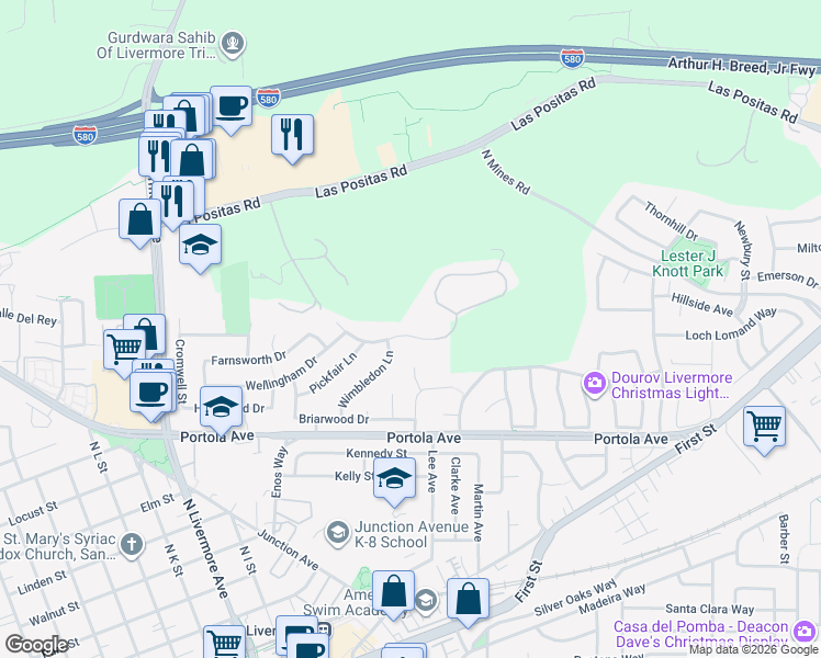 map of restaurants, bars, coffee shops, grocery stores, and more near 2840 Waverley Way in Livermore