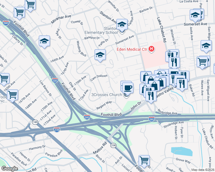 map of restaurants, bars, coffee shops, grocery stores, and more near 2326 Bramble Court in Castro Valley