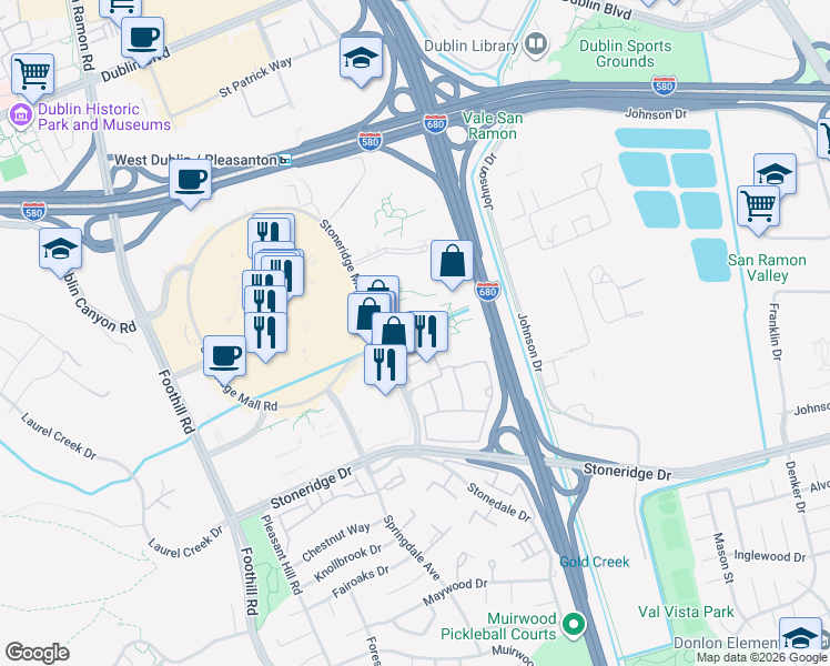 map of restaurants, bars, coffee shops, grocery stores, and more near 6260 Workday Way in Pleasanton