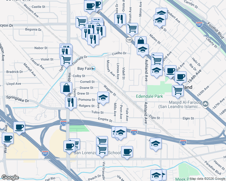 map of restaurants, bars, coffee shops, grocery stores, and more near 15712 Wagner Street in San Lorenzo
