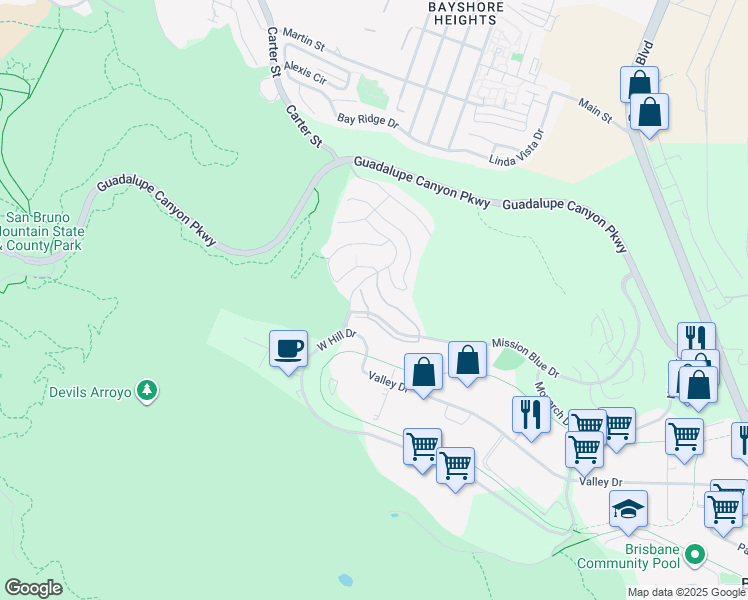 map of restaurants, bars, coffee shops, grocery stores, and more near 615 Callippe Court in Brisbane