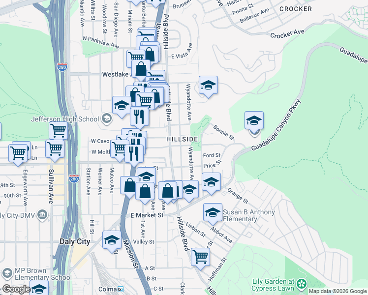 map of restaurants, bars, coffee shops, grocery stores, and more near 98 Parma Street in Daly City
