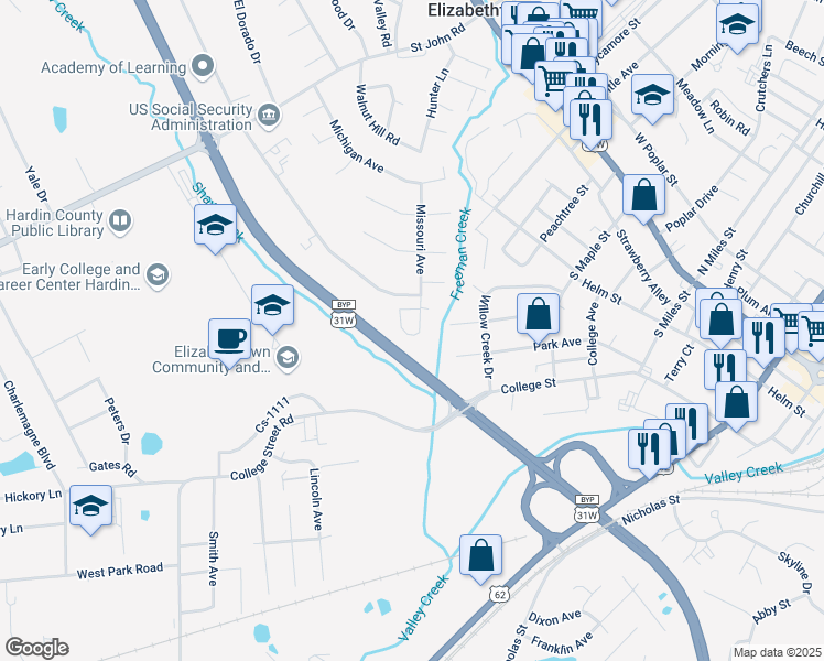 map of restaurants, bars, coffee shops, grocery stores, and more near 105 Idlewood Court in Elizabethtown