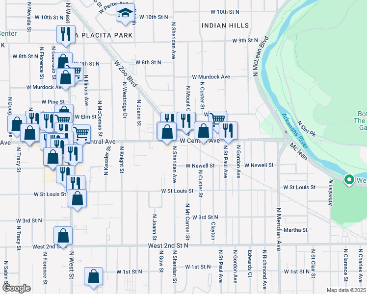 map of restaurants, bars, coffee shops, grocery stores, and more near 3200-3216 West Zoo Boulevard in Wichita