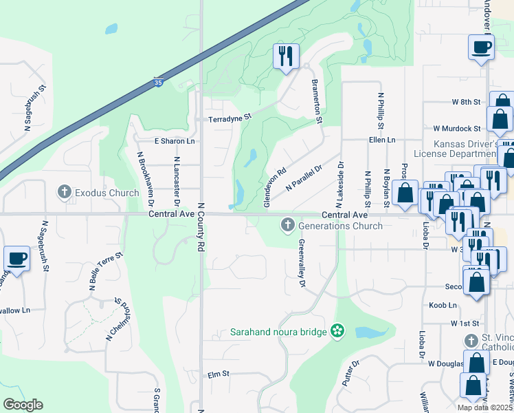 map of restaurants, bars, coffee shops, grocery stores, and more near 530 Glendevon Rd in Andover