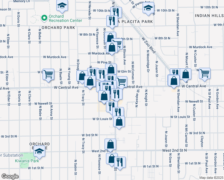 map of restaurants, bars, coffee shops, grocery stores, and more near 4040 W Central Ave in Wichita