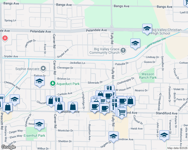 map of restaurants, bars, coffee shops, grocery stores, and more near 1344 Clevenger Drive in Modesto