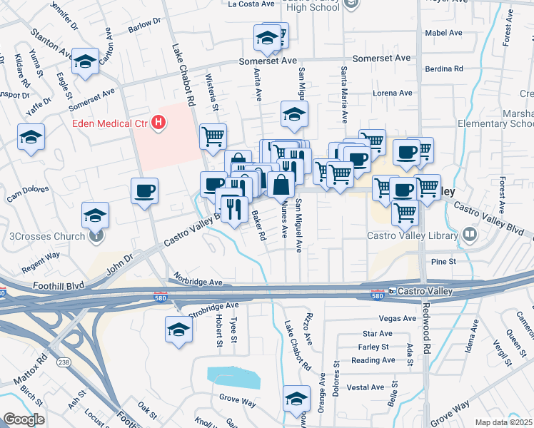 map of restaurants, bars, coffee shops, grocery stores, and more near 20872 Baker Road in Castro Valley