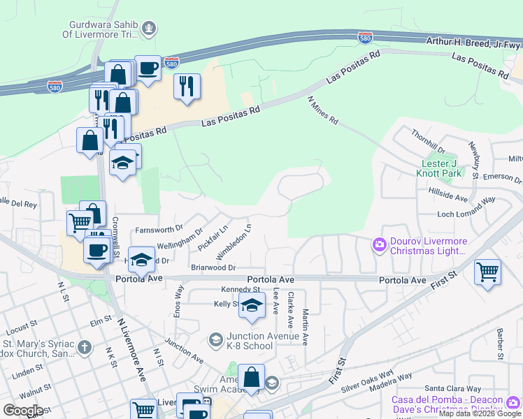 map of restaurants, bars, coffee shops, grocery stores, and more near 2840 Waverley Way in Livermore