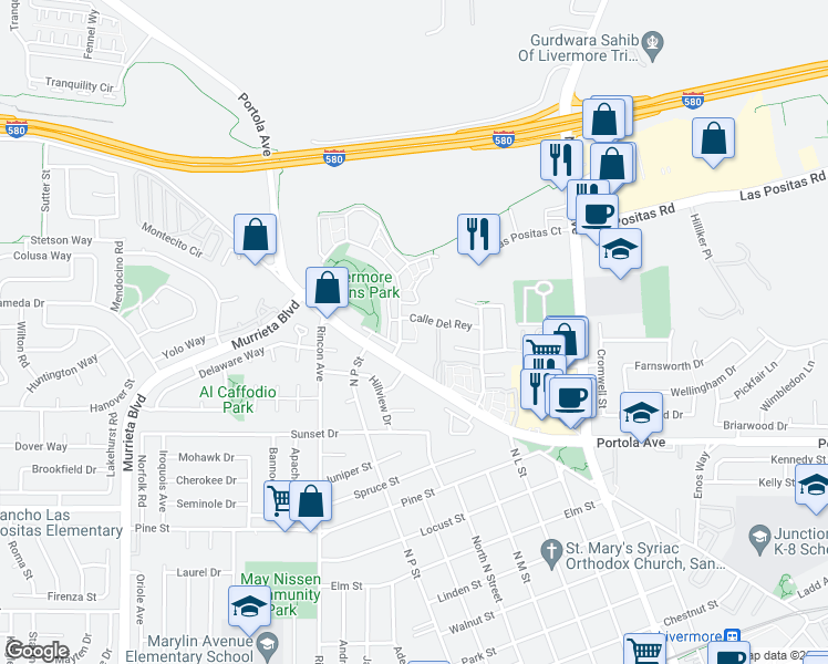map of restaurants, bars, coffee shops, grocery stores, and more near 1528 Corte Reina Common in Livermore