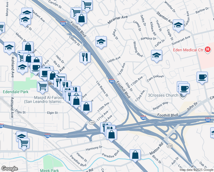 map of restaurants, bars, coffee shops, grocery stores, and more near 16807 Liberty Street in San Leandro