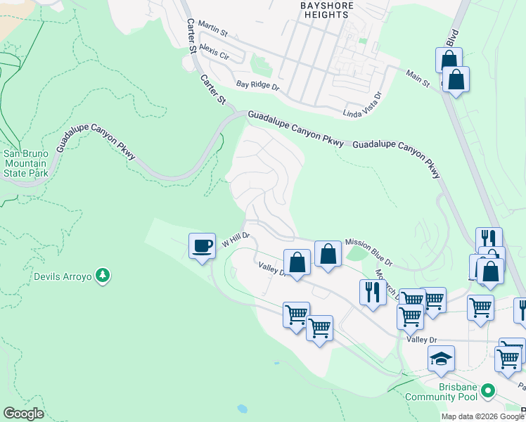 map of restaurants, bars, coffee shops, grocery stores, and more near 513 Callippe Court in Brisbane