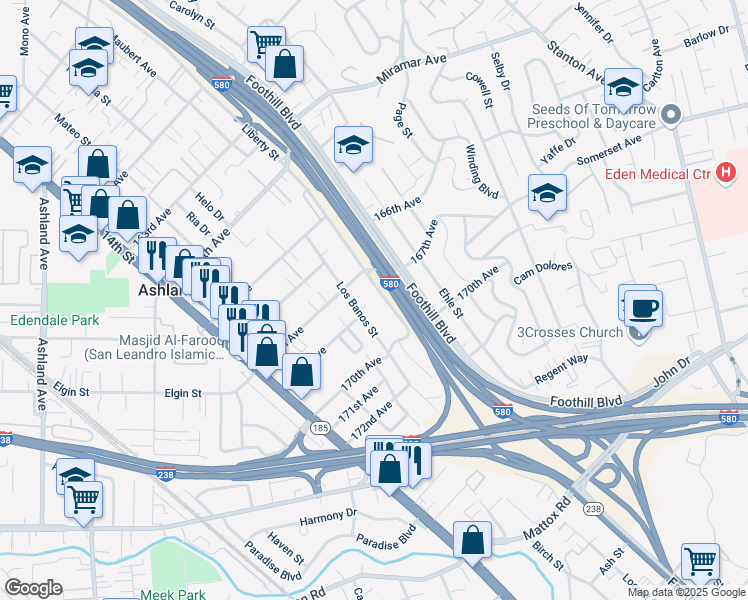 map of restaurants, bars, coffee shops, grocery stores, and more near 16729 Liberty Street in San Leandro