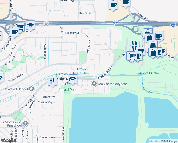 map of restaurants, bars, coffee shops, grocery stores, and more near 3470 Vermont Place in Pleasanton