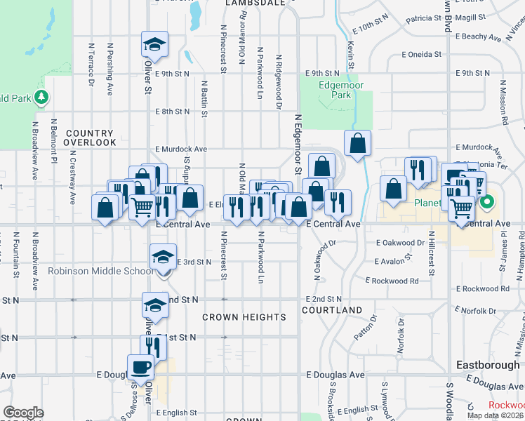 map of restaurants, bars, coffee shops, grocery stores, and more near 608 North Parkwood Lane in Wichita